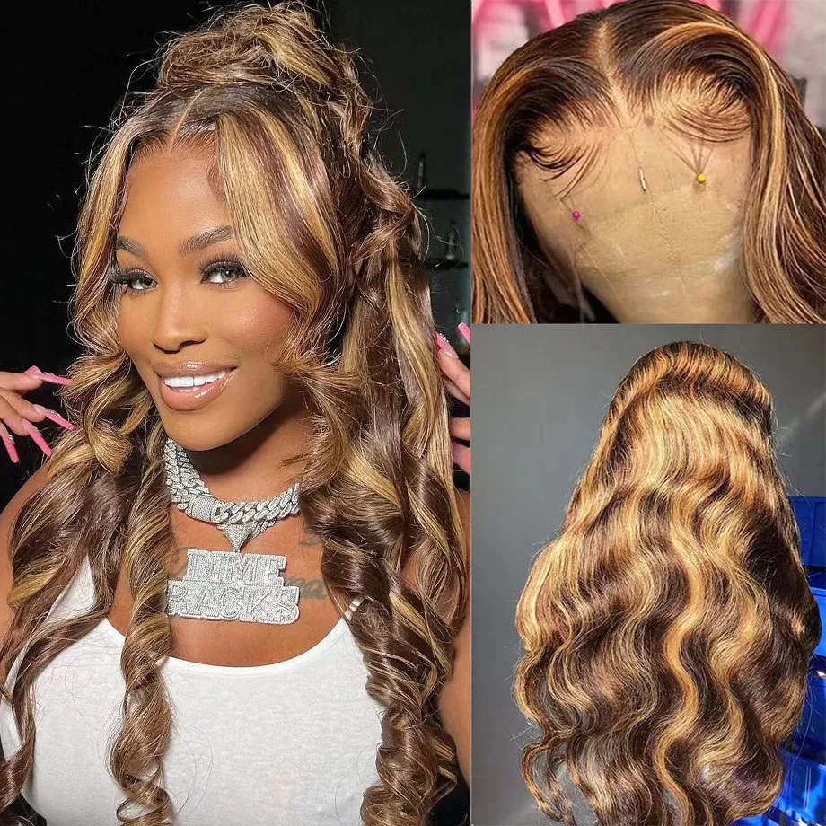 30 38 Inch 4/27 Highlight Body Wave 13x4  Lace Frontal wigs Human Hair  Wig Colored Ombre 13x6 HD Lace Front Wig For Women