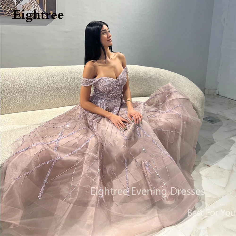 Eightree Pink Shiny Sequins A Line Party Dresses Saudi Arabic Sweetheart Off Shoulder Dubai Evening Dress Special Occasion Gowns