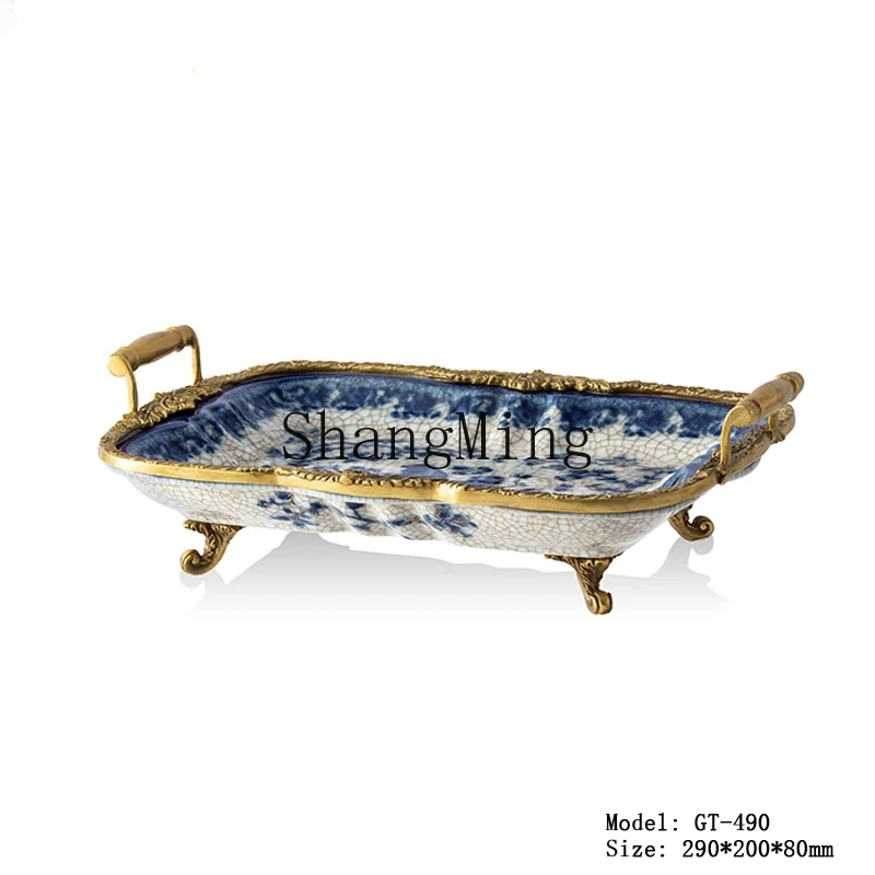 CL  luxury fruit plate hand-painted flower blue andclassical ceramic inlaid copper fruit plate high-end home living room