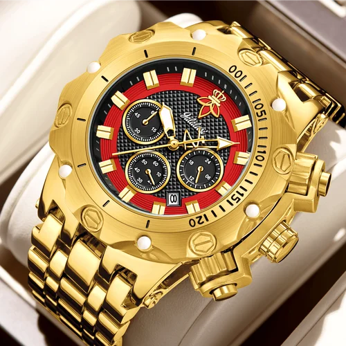 Imagen 1 del producto YaLaLuSi Reloj de lujo multifuncional para hombre, correa dorada con esfera atmosférica, caja de regalo moderna y práctica