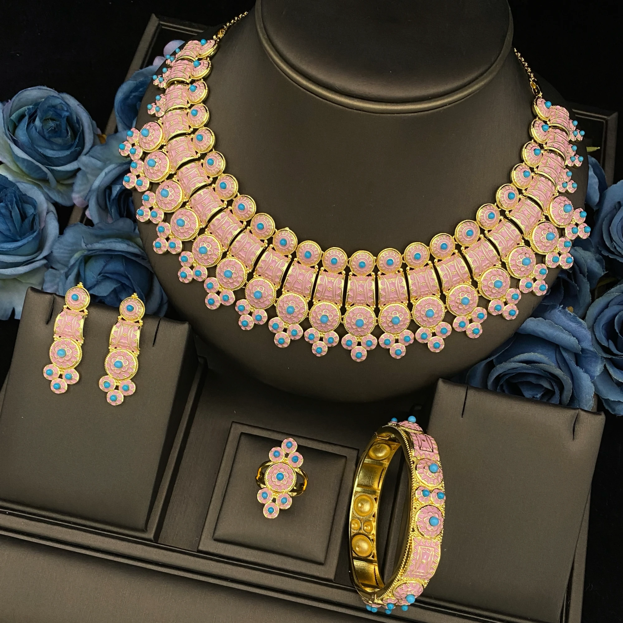 

JRH Affordable Luxury Women's Gold Plated Jewelry 4PCS Set Necklace Earrings Bracelet Ring Perfect Gift for Jewellery Woman