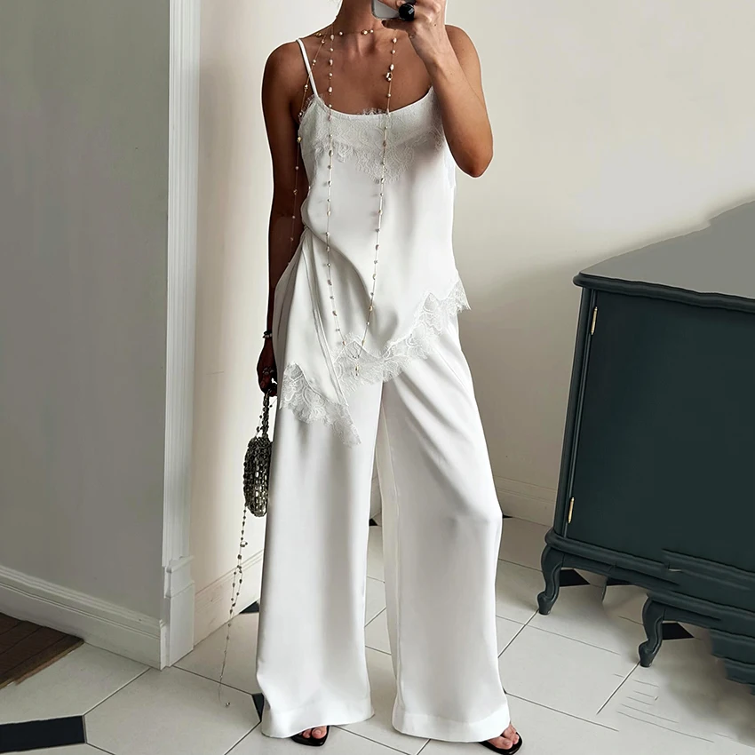 

Linad Casual Satin Polka Dot Lantern Long Pants Women 2026 Minimalist White Camisole With Long Wide Leg Pants Two Piece Sets