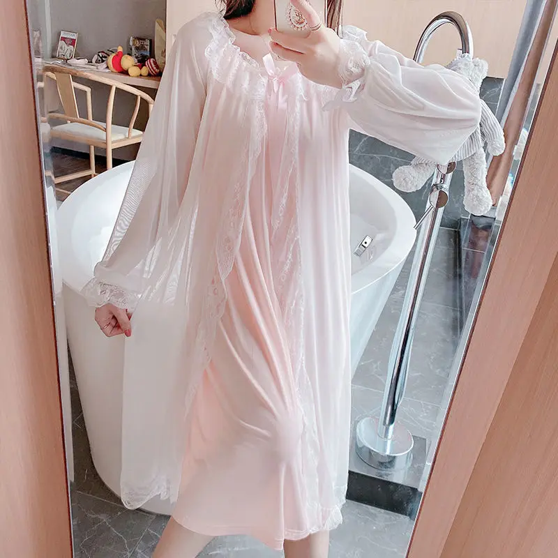 Victorian Vintage Fairy Night Dress Romantic Nightgowns Princess Sleepwear Room Wear Women Long Sleeve Mesh Modal Lace Negligee