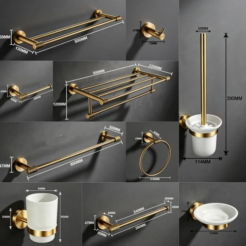 Brushed Gold Bathroom Towel Rack Towel Ring Paper Towel Holder Double Bathrobe Hook Toilet Brush Bathroom hardware pendant