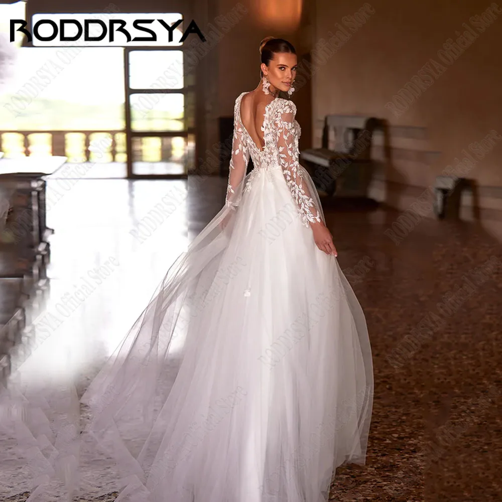 RODDRSYA Wedding Dress Customized Long Sleeves V Neck Split A Line Bridal Gown Sweep Train Backless Bride Dresses Robe Mariee