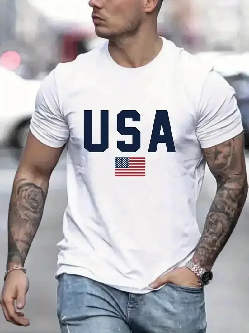 'USA' Pattern Print Men's Comfy T-shirt, Graphic Tee Men's Summer Outdoor Clothes, Men's Clothing, Tops for Men Women Kids