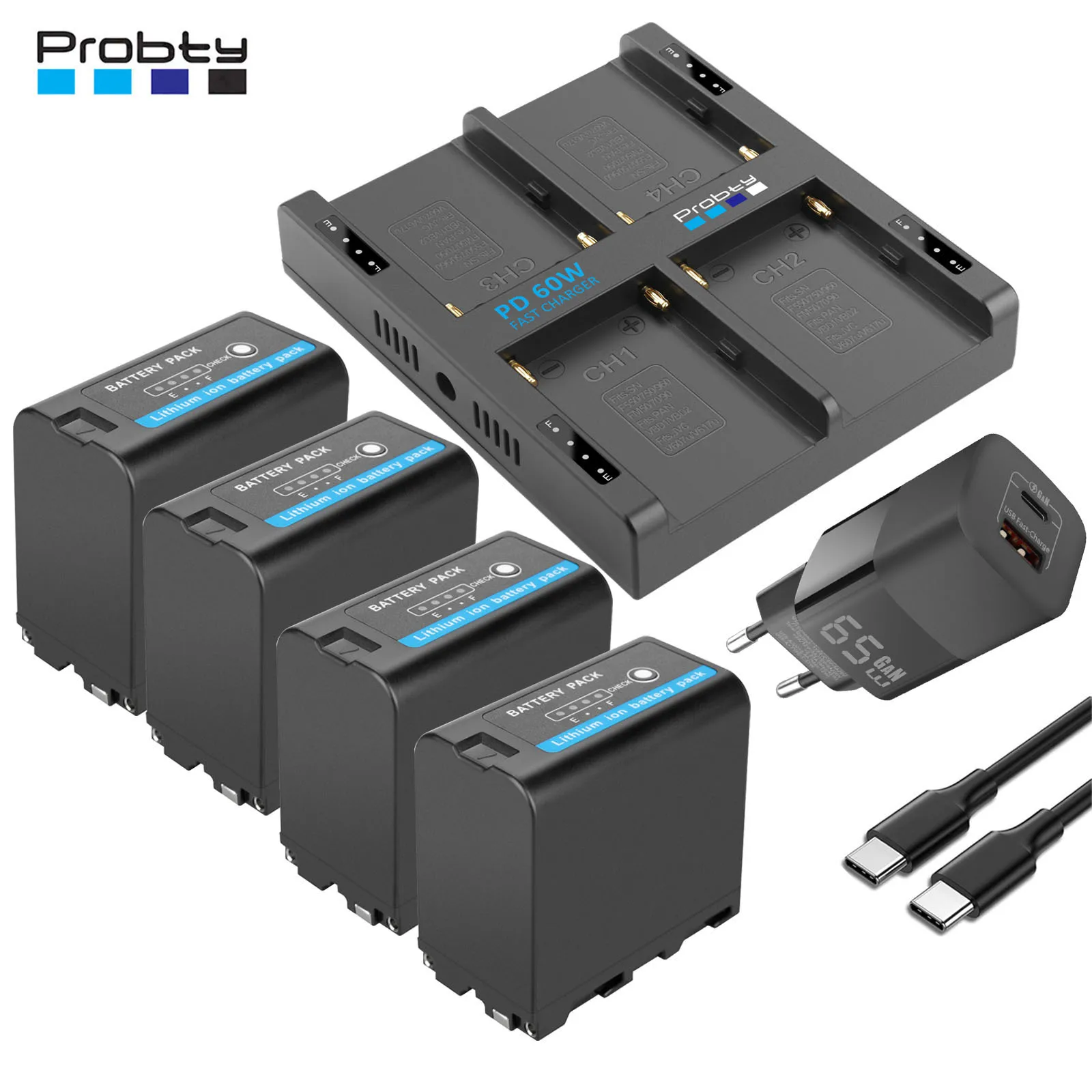 Probty 8800mAh NP-F970 vervangende batterij of 4-kanaals PD60W snellader voor NP-F550/750/770/970 fieldmonitor, videolamp - afbeelding 2