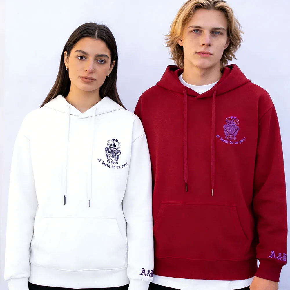 Sudaderas con capucha para parejas con estampado de calavera, nombre personalizado, fecha, hasta la muerte, sudaderas a juego, regalo de aniversario del Día de San Valentín para ella