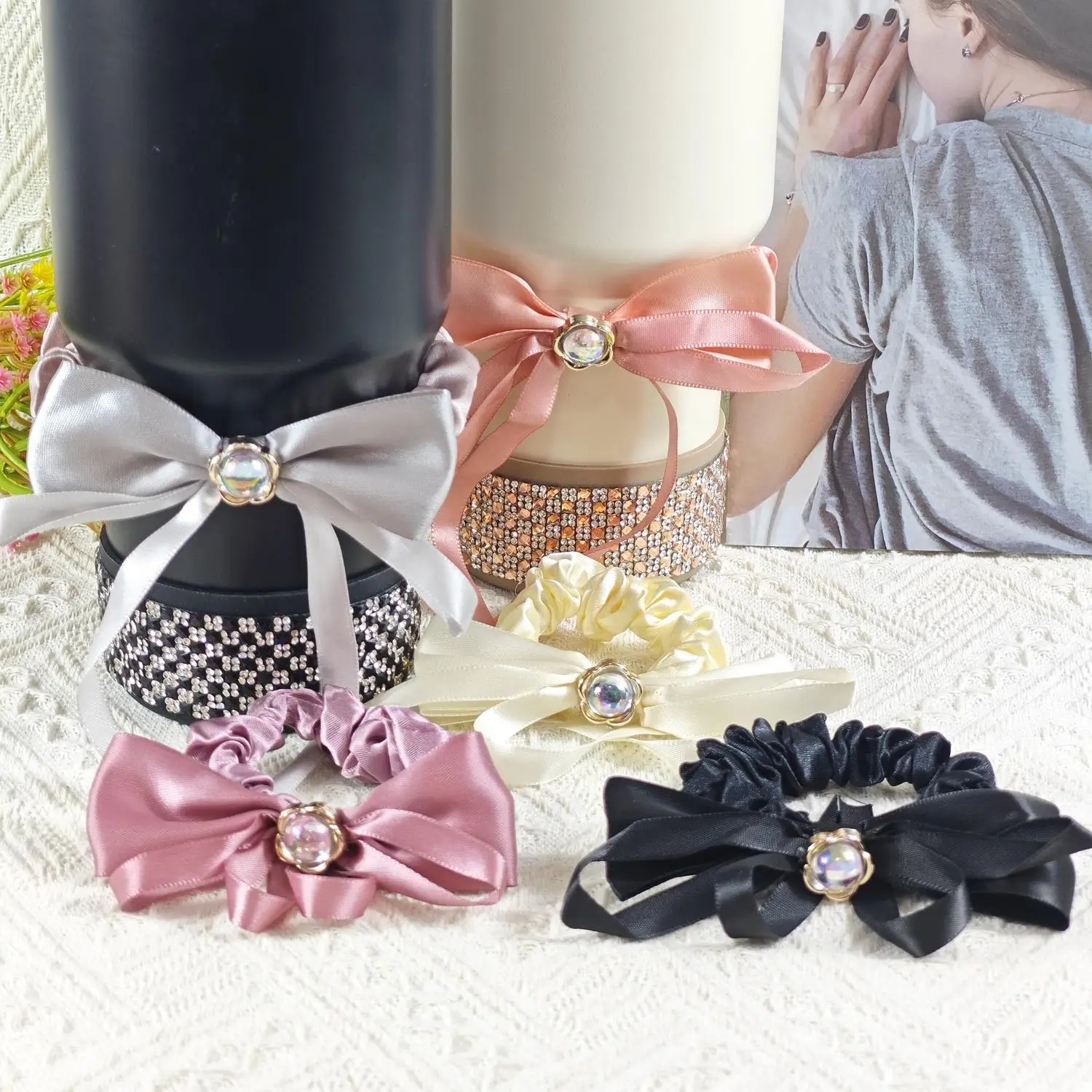 Fashion Plaid Diamond Sparkling Long-Ribbon Bow Hair Tie Silicone Cup Sleeve Tumbler Base Cover - Cross-Border New Arrival