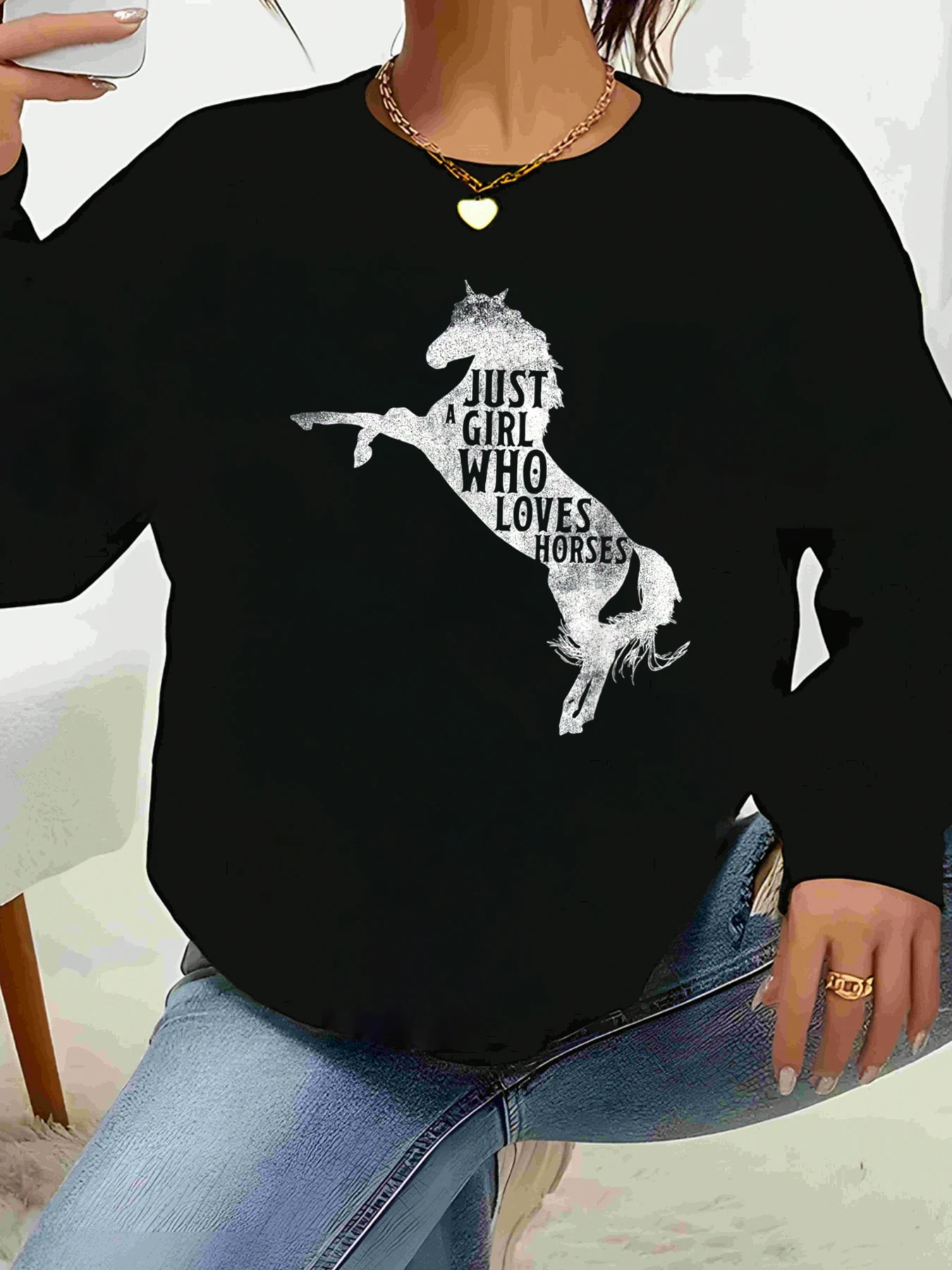 Suéter de manga comprida com estampa de cavalo Just Girl Who Loves Horses para mulheres casuais