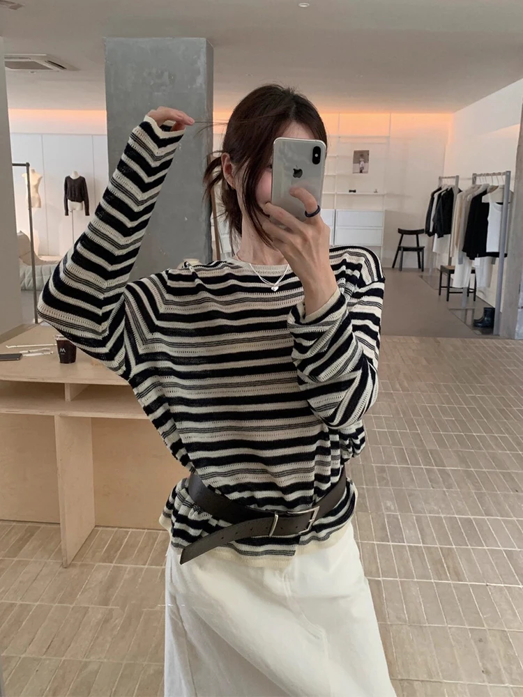 

Новая осенняя коллекция: Стильный винтажный вязаный свитер с круглым вырезом, свободного кроя, в корейском стиле, в полоску, с длинными рукавами, для женщин, модный, для повседневной носки.