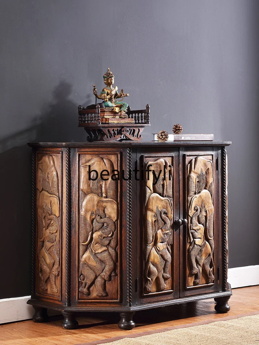 Thai Elephant Embossed Teak Cabinet Entrance Cabinet South East Asia Style Solid Wood Furniture Decorative Storage Cabinet