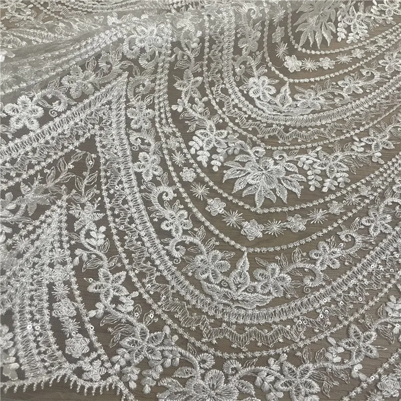 Fashion Wedding Dress Mesh Lace Fabric Off White Clear Sequins Emboidery Lace Fabric Free Shipping 1 Yard