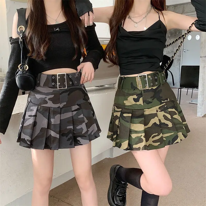 

Retro Army Green Camouflage Cargo Skirt Women Autumn High Waist Spice Girl Mini Pleated Skirt