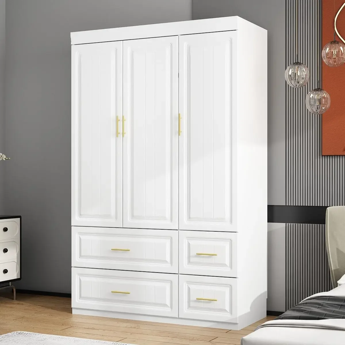 MOUMON 3-Door Wardrobe Closet with Drawers, Armoire with Hanging Rod & Gold Handles, 47.2