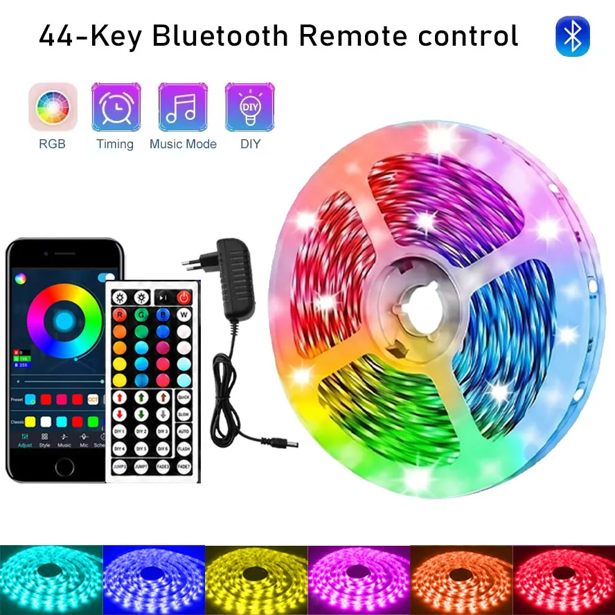 EU-Stecker LED-Lichtstreifen für Schlafzimmer, intelligente LED-Lichtstreifen mit Bluetooth-App-Steuerung und 44-Tasten-IR-Fernbedienung, RGB-LED-Lichtstreifen, musiksynchronisierte