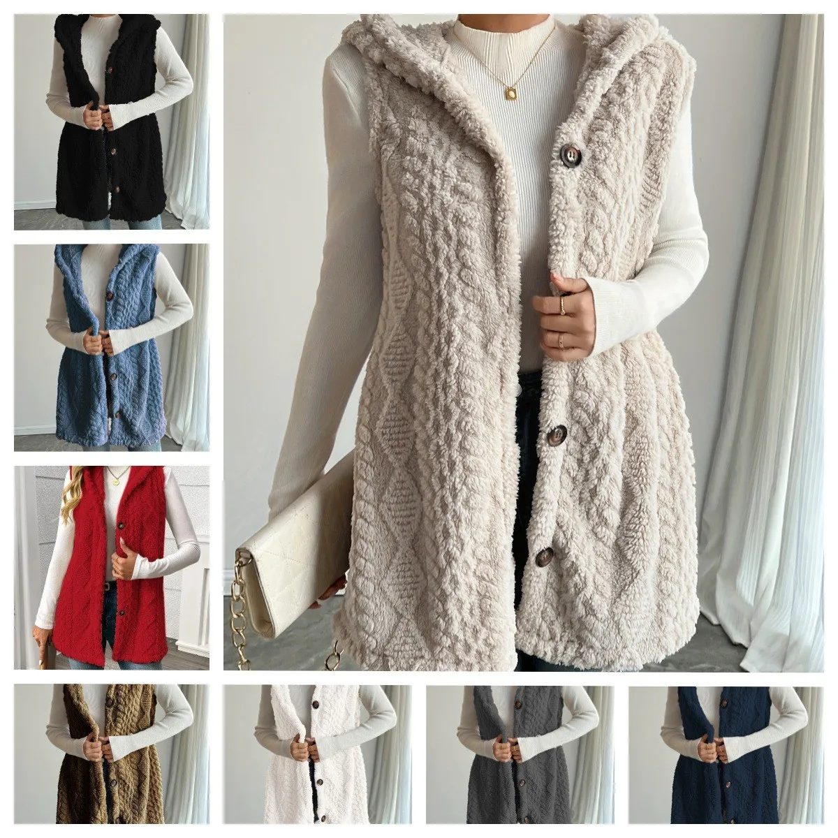 Casual Hooded Vest Regular Fit with Button Front Open Front Mid Long Length Winter Button Closure Single Breasted Women Vest