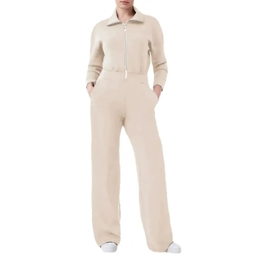 

Women Jumpsuit Cozy Solid Color Women's Winter Jumpsuit with Lapel Zipper Closure Ninth Sleeve Wide Leg for Casual Style Warmth