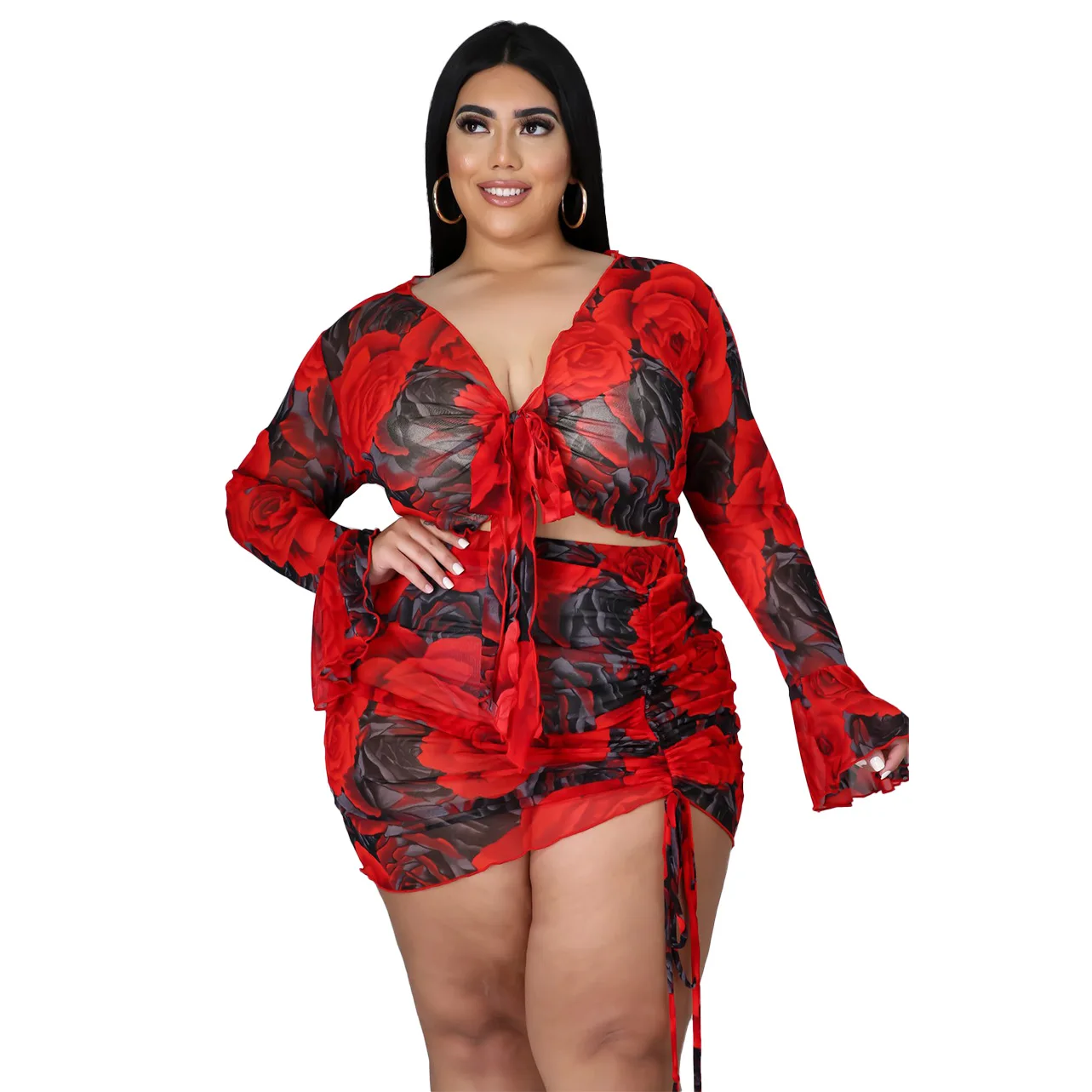 

Floral Print Plus Size Matching Set Women Elegant Ruched Skirt Summer Female Casual Mesh Crop Top Large Size Two Piece Short Set