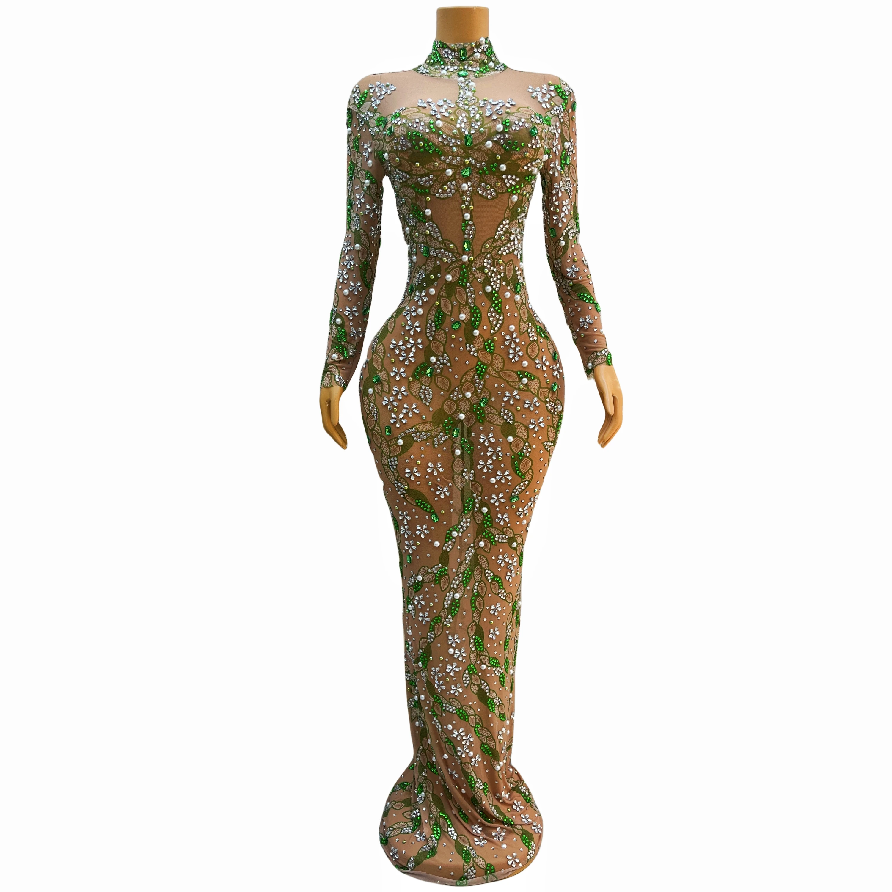 Strass verde transparente pérolas vestido, estiramento roupa, coleções de festa de baile, moda sexy, celebração do aniversário, primavera