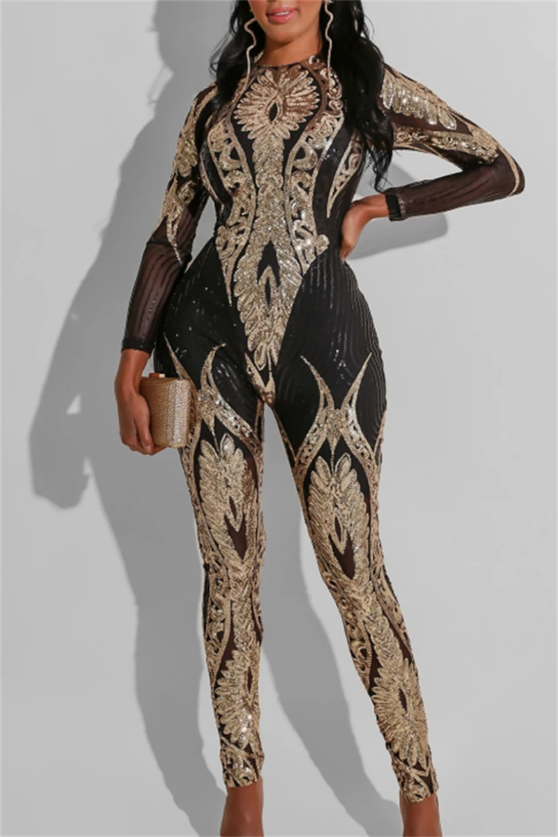 Sexy See Through Sequin Jumpsuit Fall Clothes 2024 Women Long Sleeve Bodysuit Party Nightclub Catsuit One Pieces Overalls Outfit