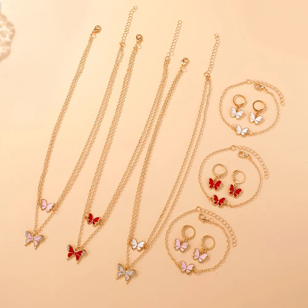 طقم مجوهرات على شكل فراشة متعددة الألوان مكون من 4 قطع - قلادة من المينا الذهبية اللون وأقراط وسوار وإكسسوار للحفلات اليومية طراز Y2K