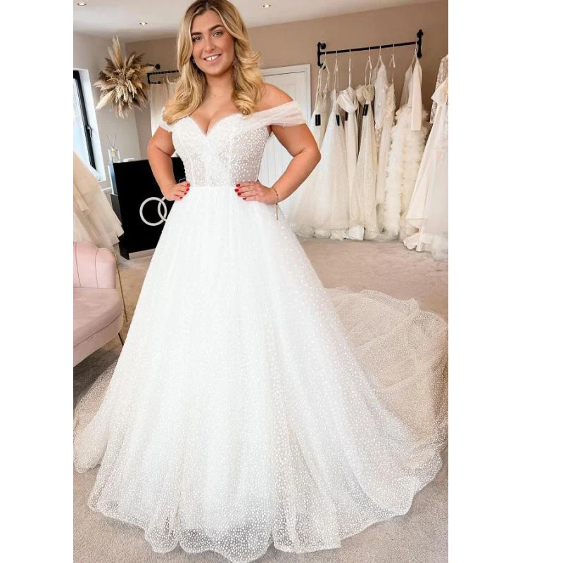 Luxury Pearls Wedding Dresses Sweetheart A-line Off The Shoulder Bridal Gowns Court Train