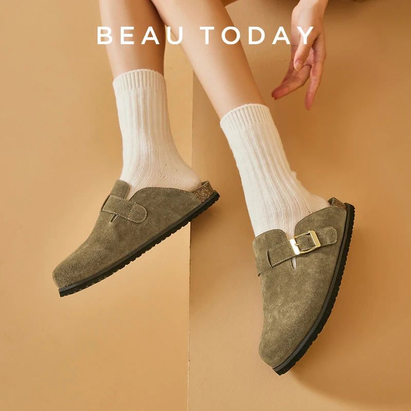 BEAUTODAY Leisure Flatforms Women Genuine Cow Suede Metal Buckle Slip-on Solid Color Round Toe Spring 2023 Handmade 36275