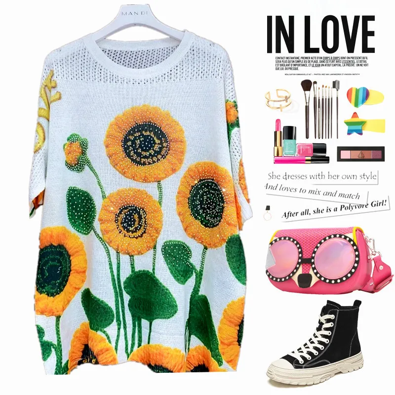 

Good Quality Knitted Women's Loose Blouse Summer Sunflowers Printed Shirts Blousa Sweaters Tees Tops Ladies Chic Ins Y2K NS749