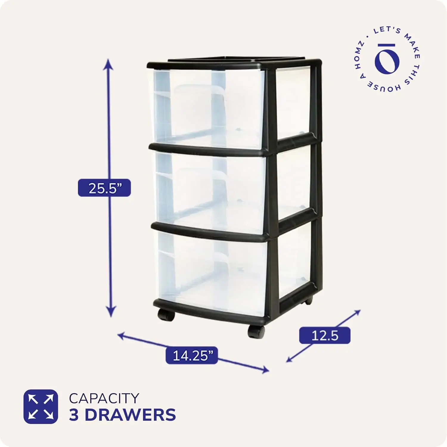 Plastic 3 Clear Drawer Medium Home Organization Storage Container with 3 Large Drawers w/Removeable Wheels, Black Frame