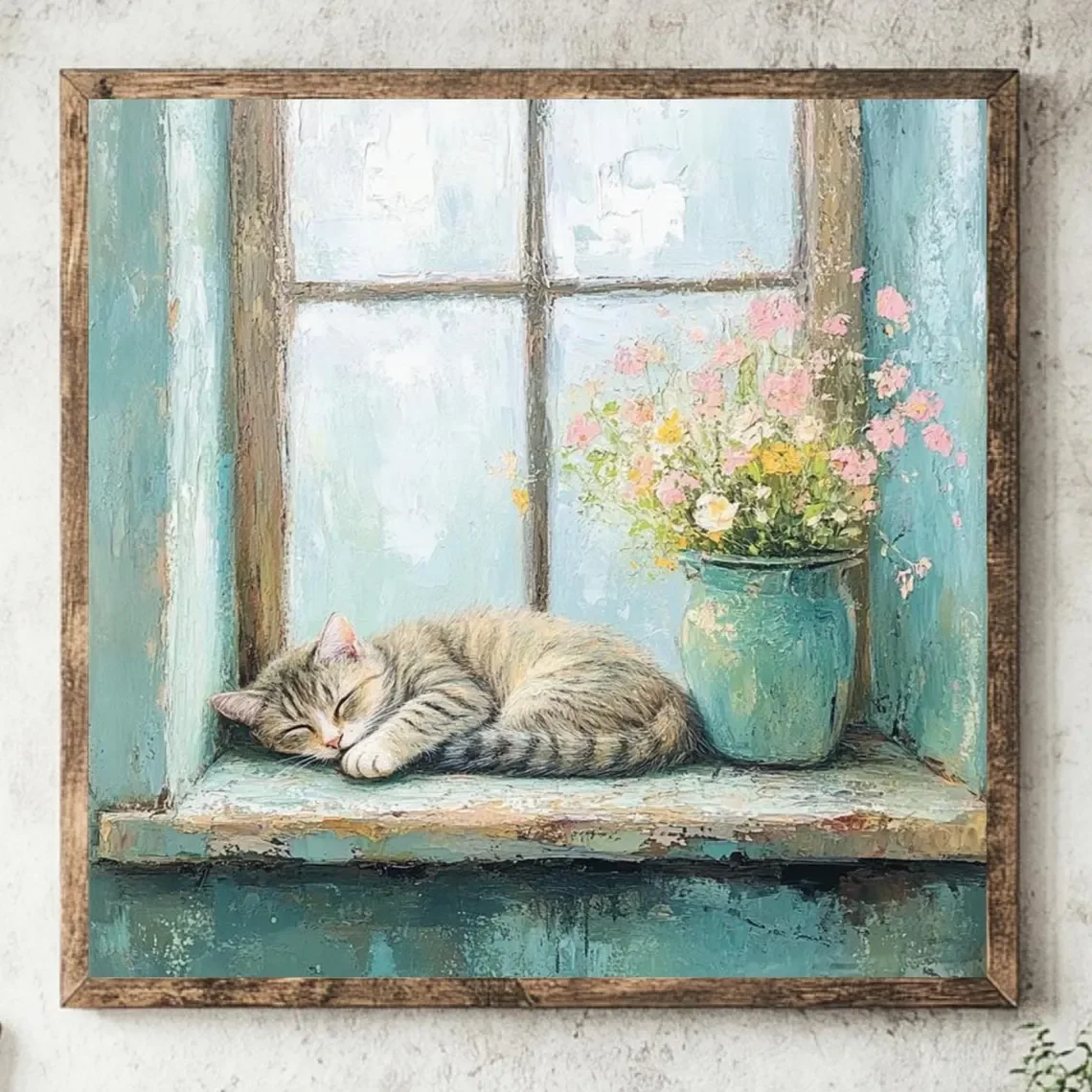 Bauernhaus-Katzen-Wandkunst, Rustikale Gerahmte Leinwand, Holzrahmen Quadratisches Kunstwerk, Landhaus-Katzen-Dekoration, Landhaus-Wandbild