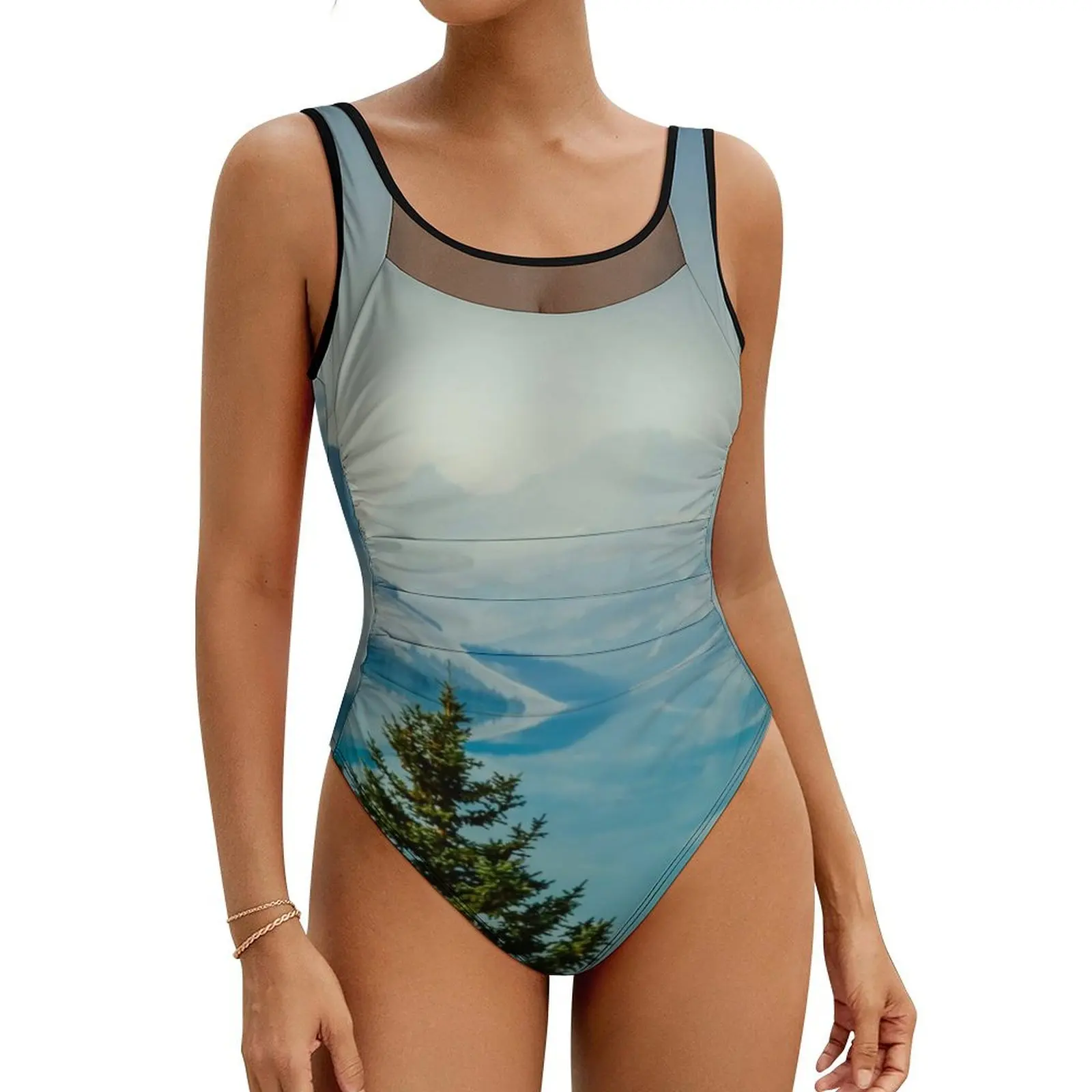 Winter Mountains Swimsuit Tree And Lake Swimwear One-Piece Fitness Bodysuit Mesh Bathing Suit Ladies Push Up Sexy Beach Outfits