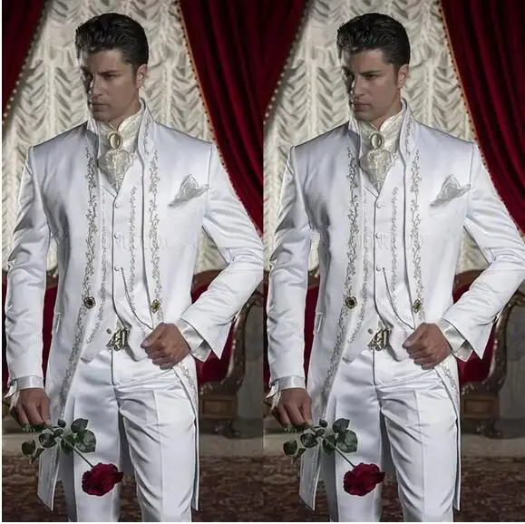 

Embroidery Groom Tuxedos Men's Suits White Groomsman One Button Formal Wedding Suit Including Jacket Pants Vest Three Piece