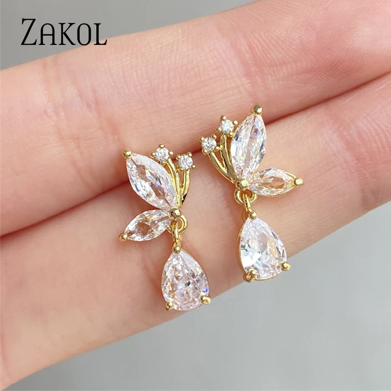 ZAKOL Sweet Korean Butterfly Dangle Earrings with Water Drop Cubic Zirconia For Women Fashion Party Jewelry EP2476