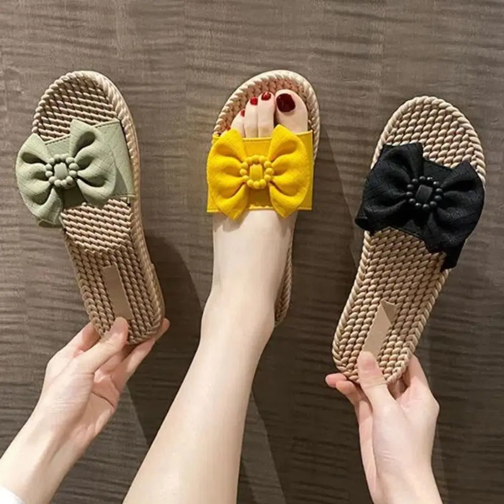 All Match Bead Bow Flats Slippers Flip Flops PVC Slippers for Women Shoes Sweet Slides Sandals Beach