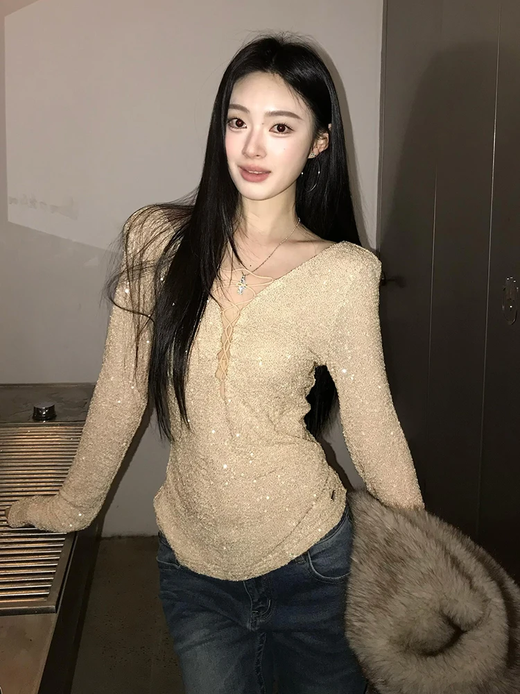 

Женская приталенная футболка с длинным рукавом, V-образным вырезом, завязками на талии, базовая модель, осенне-зимняя, модная повседневная, с креативным принтом