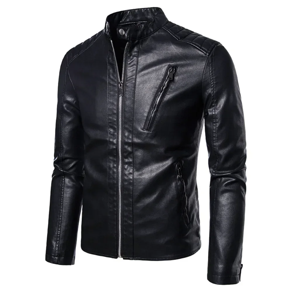 Men's Motorcycle Leather Jacket Fashion Solid Stand Collar Outwear Casual Trend White Black Windproof Coat Streetwear Jackets