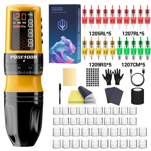 Imagen 2 del producto Kit de tatuaje POSEIDON, Kit de pluma de tatuaje de abeja amarilla para maquillaje permanente, Kit de máquina de tatuaje, Kit de pistola de tatuaje inalámbrica ajustable