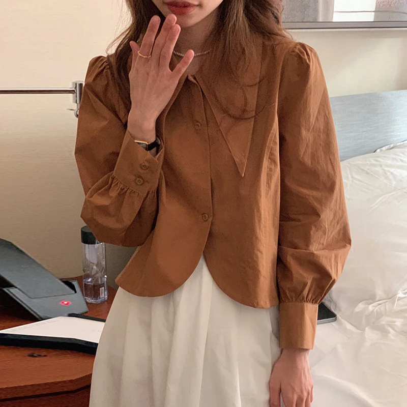 

Chic Autumn Winter ort Loose Bubble Sve arp Collar Pure Color Women's irt Faionable Versatile Commute Sle Korean...