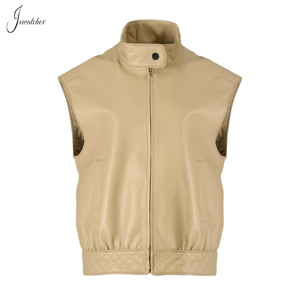 Jxwatcher Women's Leather Jacket Spring Genuine Leather Vest Ladies High Quality Sheepskin Waistcoat Simple Style Female Fall