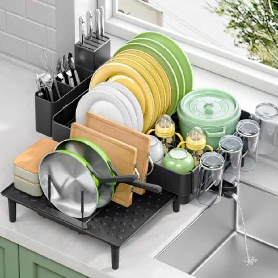 

Dish Drying Rack for Kitchen Counter 304 Stainless Steel Dish Rack Expandable Dish Drainer Foldable Dish Strainer with Cutlery