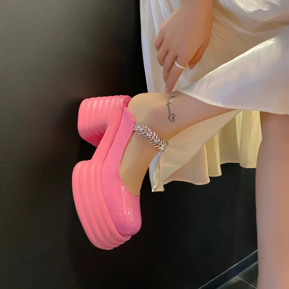 Patent Leather High Heel Slippers Sandal Woman Fashion Mules Shoes Women Yellow Pink White Chunky Heel Outdoor Womens Slippers