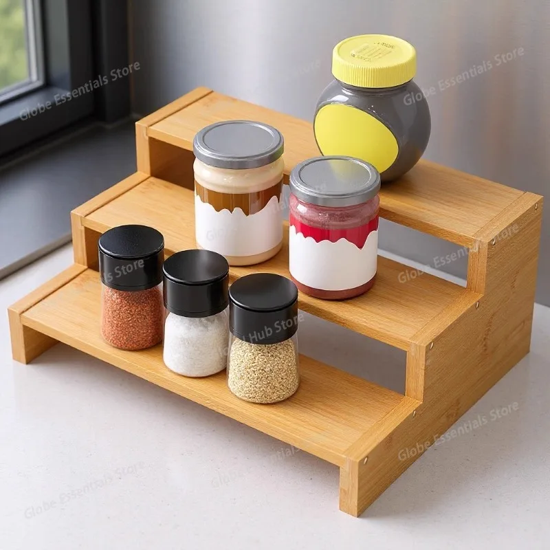 Bamboo Three-layer Kitchen Rack Countertop Multi-layer Seasoning Storage Rack Multi-functional Cup Blind Box Plant Display Rack