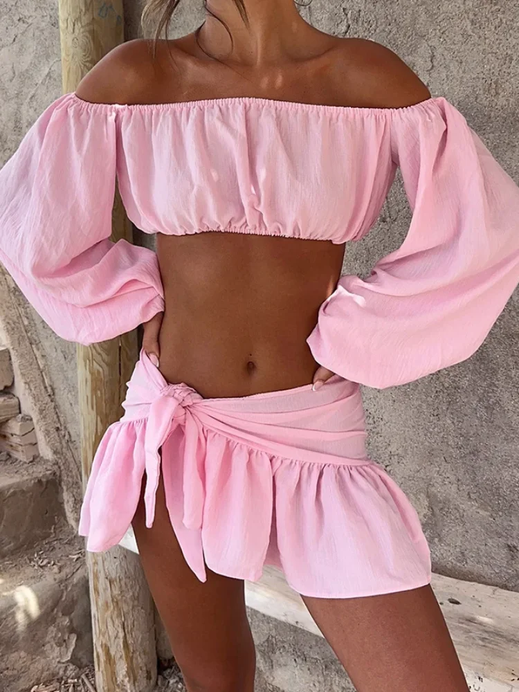 

Pink Off Shoulder Cropped Top Lace Up Skirt Set Long Sleeve Elastic Hem Short Top Ruffle Mini Skirt Suit Sexy Vacation Sets 2026