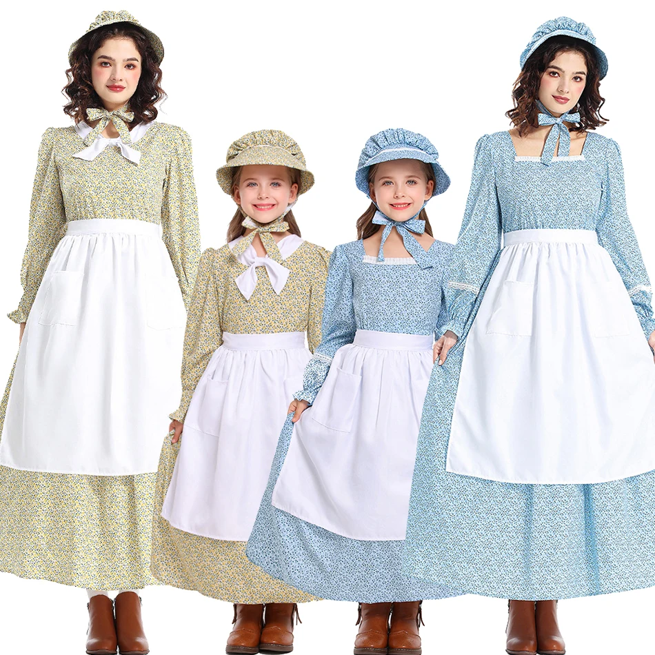 Halloween Costumes Mother And Girls Grassland Colonial Countryside Floral Carnival Dress Victorian Medieval Costume Dancing Set