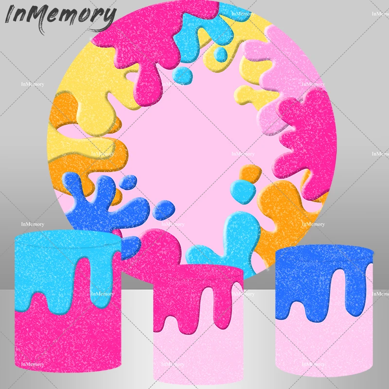 

Kids Art Party Decoration Slime theme Round Backdrop Circle Cover Background Pink Yellow Blue Cylinder Cover