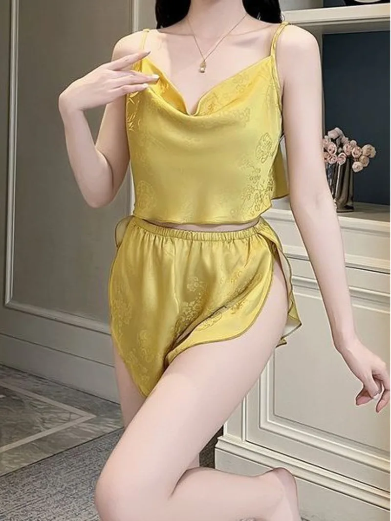 

Sexy Lace Flower Print Solid Color Pure Desire Skirt Sets Backless Deep V Suspenders Sleeveless Dress Charming Skirt Sets PZ9S