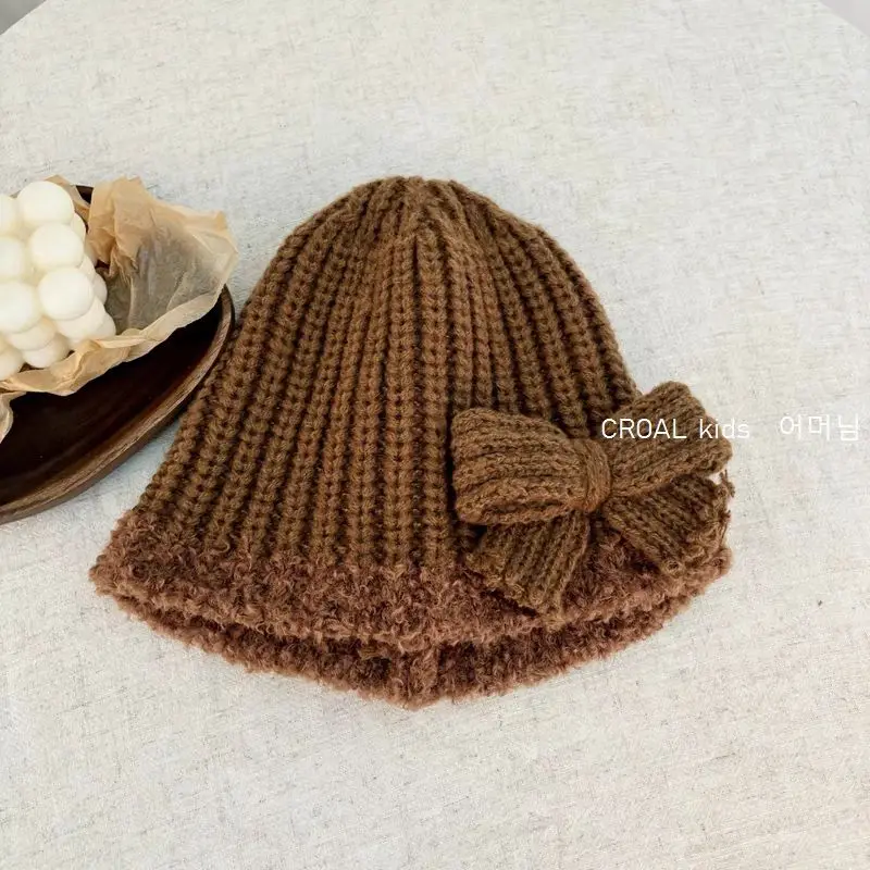 Simple Children's Fisherman Hat, Knitted Handmade Bow for Spring Autumn and Winter, Solid Color Princess Hat for Baby Girls