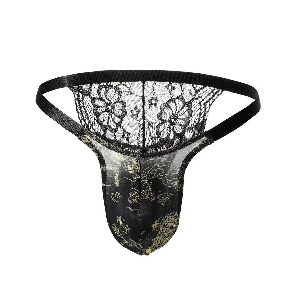 Men Elastic Sexy Briefs Gay Sissy Bulge Pouch Panties Underwear Ultra-Thin EroticThongs Low Waist Lace See Through G-string Mesh
