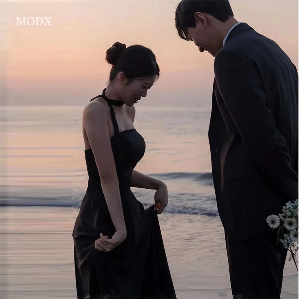 

MODX Simple Black Korea Wedding Dress Beach Photography A Line Satin Bridal Gown Gift Neck Ribbon Strapless Custom Made